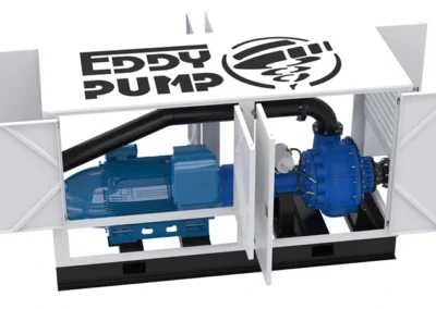 Side view of a rugged diesel-powered booster pump for remote dredging projects.