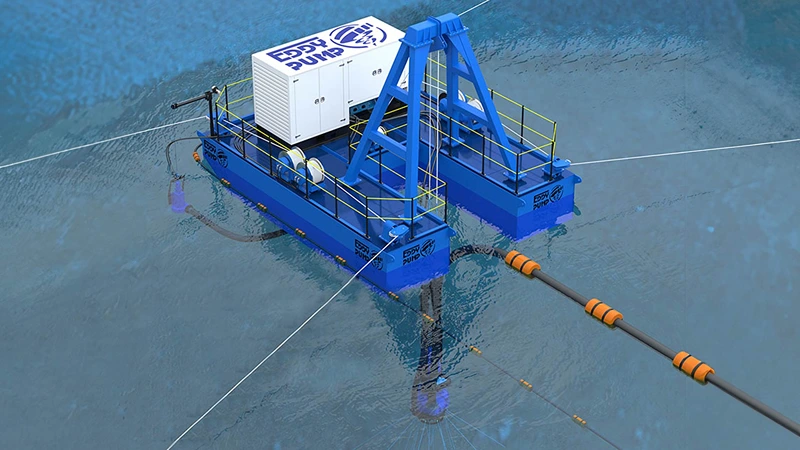 EDDY Pump autonomous remote-operated barge dredge system featuring non-clogging technology for high-solids industrial slurry.