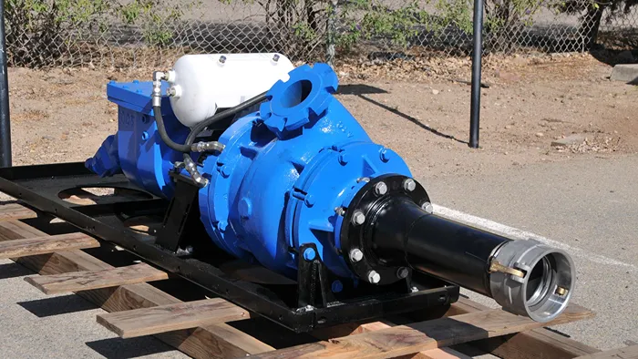 4-Inch DHP-4000 Hydraulic Diver Operated Pump placed mounted on a stand outdoor