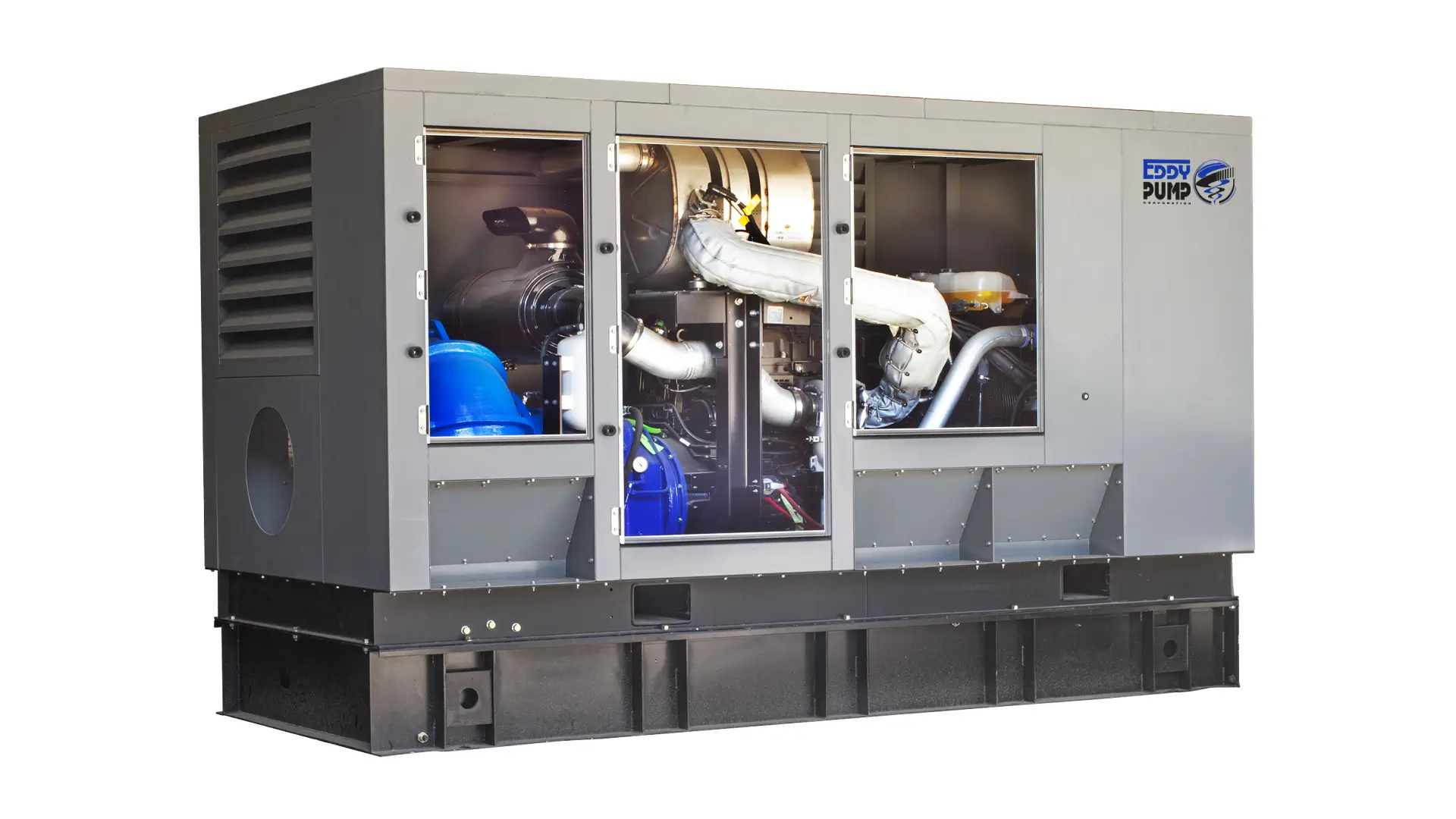 Gray industrial generator unit with open panels