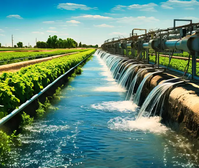 Agricultural land and irrigation waterway Irrigation canal fed by discharge pipes alongside green crop fields