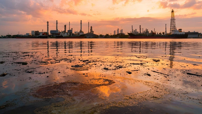 Industrial shoreline along the St. Clair River with toxic sediment contamination