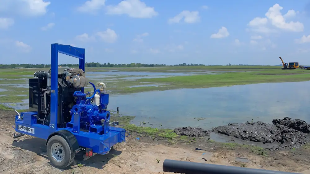 Blue industrial pump system on a trailer