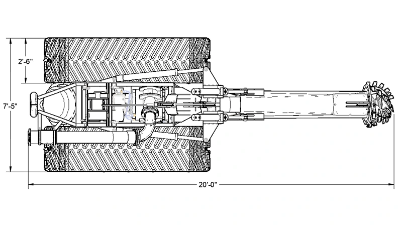 Dredging Cutter Head Swing Radius and Configuration Diagram Engineering layout illustrating swing arm cut radius and cutter head features