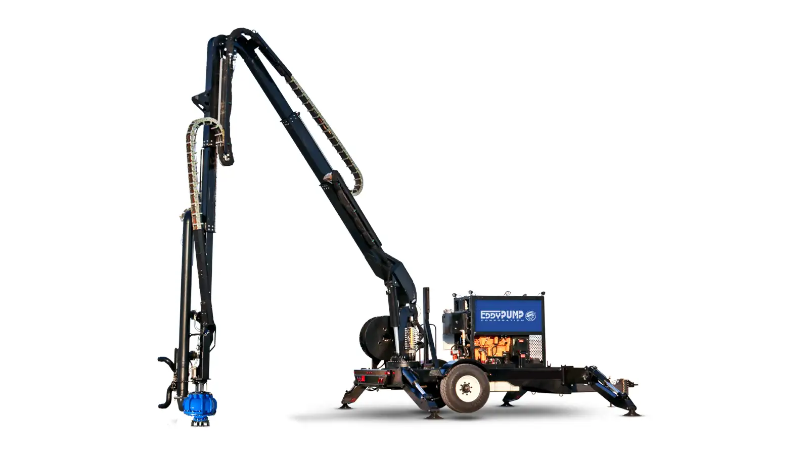 Wireless Remote Trailer Boom Pump Side view of the remote-operated trailer boom pump with articulating arm and wireless control for shore-based sediment dredging and slurry transfer