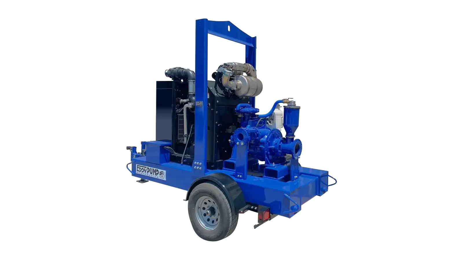 Self-Priming Pump Side Profile Side profile of a trailer-mounted self-priming pump showing the diesel power unit, vacuum-assisted priming chamber, and heavy-duty discharge piping