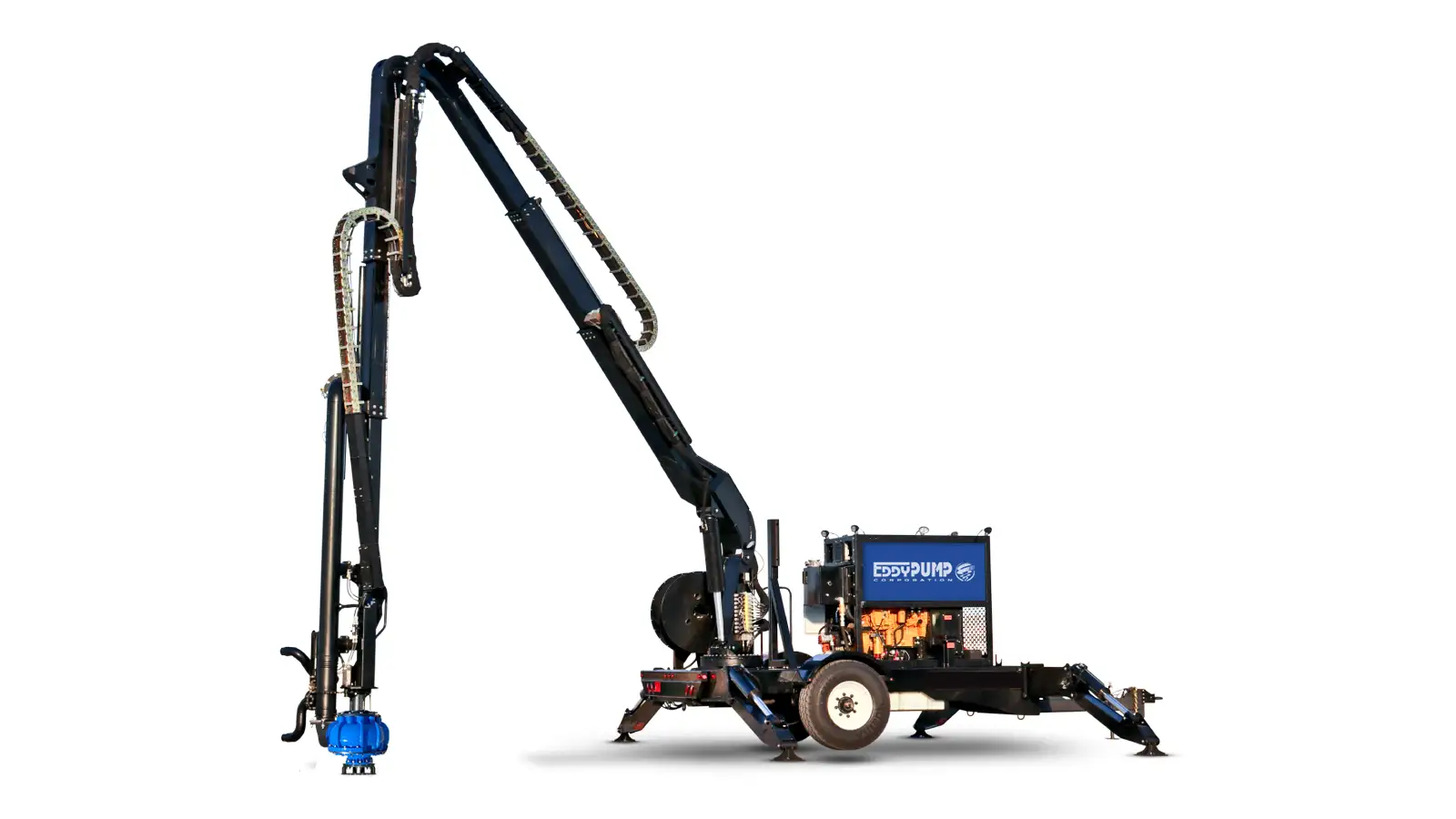 Trailer-mounted self-priming slurry concrete pump by EDDY Pump with 149 HP diesel engine, designed for heavy-duty solids handling and mobile jobsite deployment