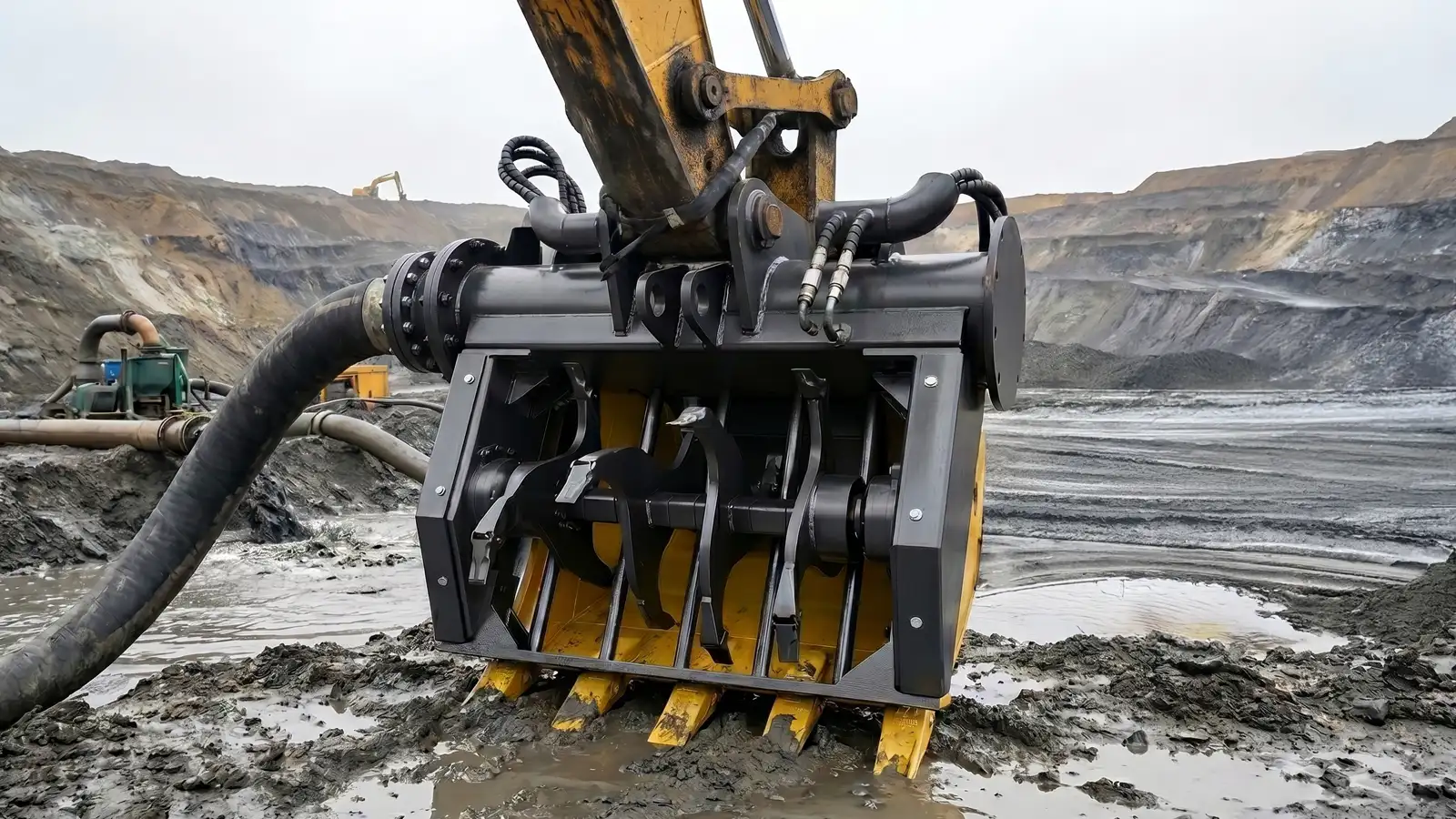 Excavator Compatibility Detail Self-Priming Excavator Pump Bucket Mounted On Excavator Arm Showing System Compatibility