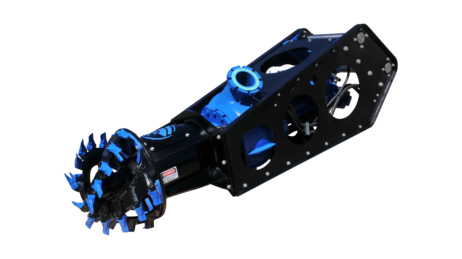 Heavy duty excavator dredge pump attachment with durable cutterhead design for high solids pumping and sediment removal