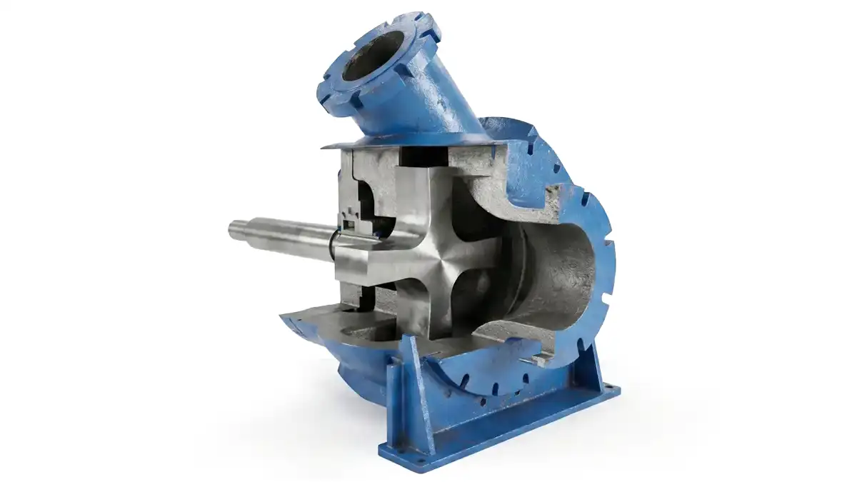 Industrial slurry pump cross-section showing recessed rotor, internal flow path, and heavy-duty components for reliable solids pumping performance